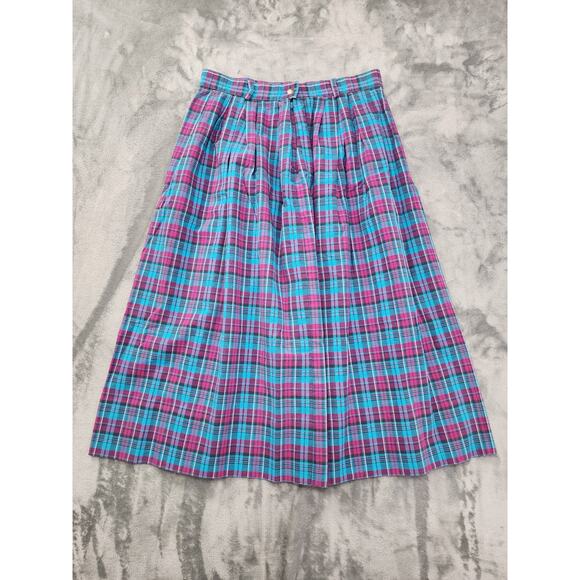 Vintage 80s Gotcha Covered Plaid Cotton Pleated Midi Skirt Size 14 Blue Preppy - Picture 2 of 9